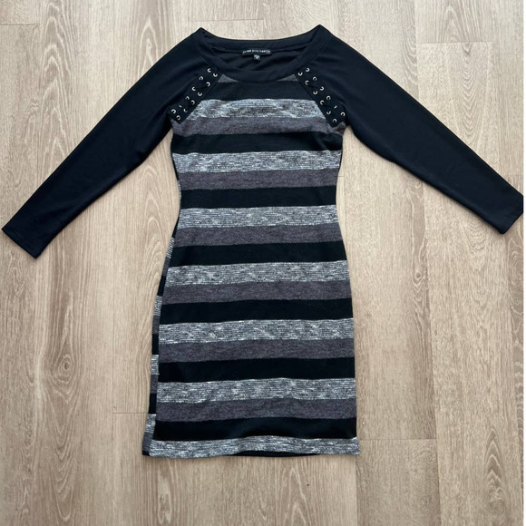 Three Pink Hearts XS Long Sleeve Fitted Black & Gray Horizontal Stripes - Picture 1 of 11